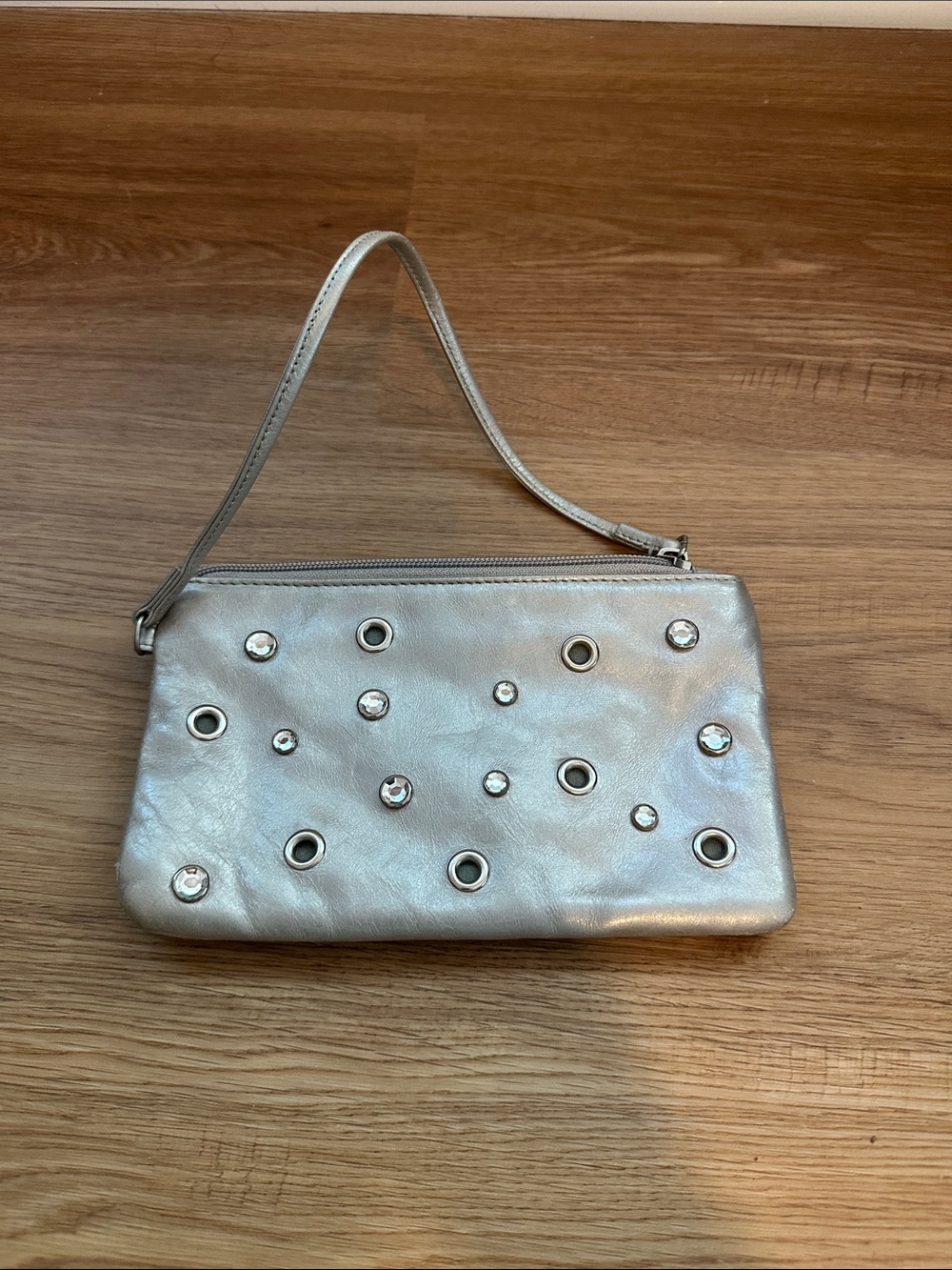 HOBO Silver Wristlet Clutch with Rhinestone Eyelet Accents